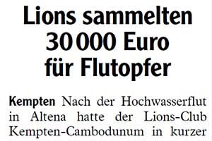 Lions sammelten 30 000 Euro für Flutopfer